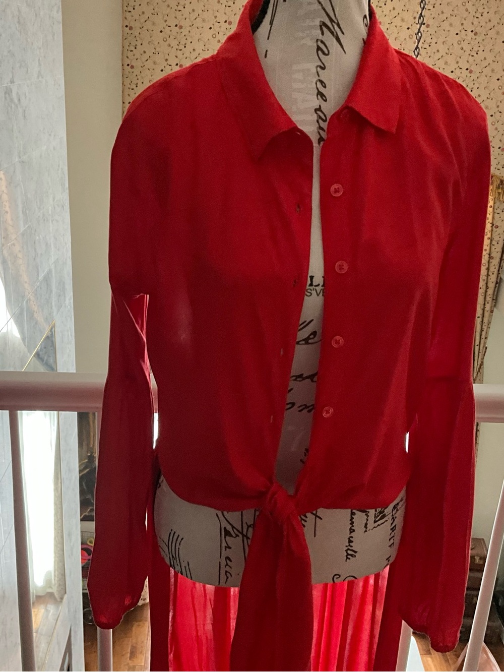 VENUS Red Tie-Front Button-Down Blouse